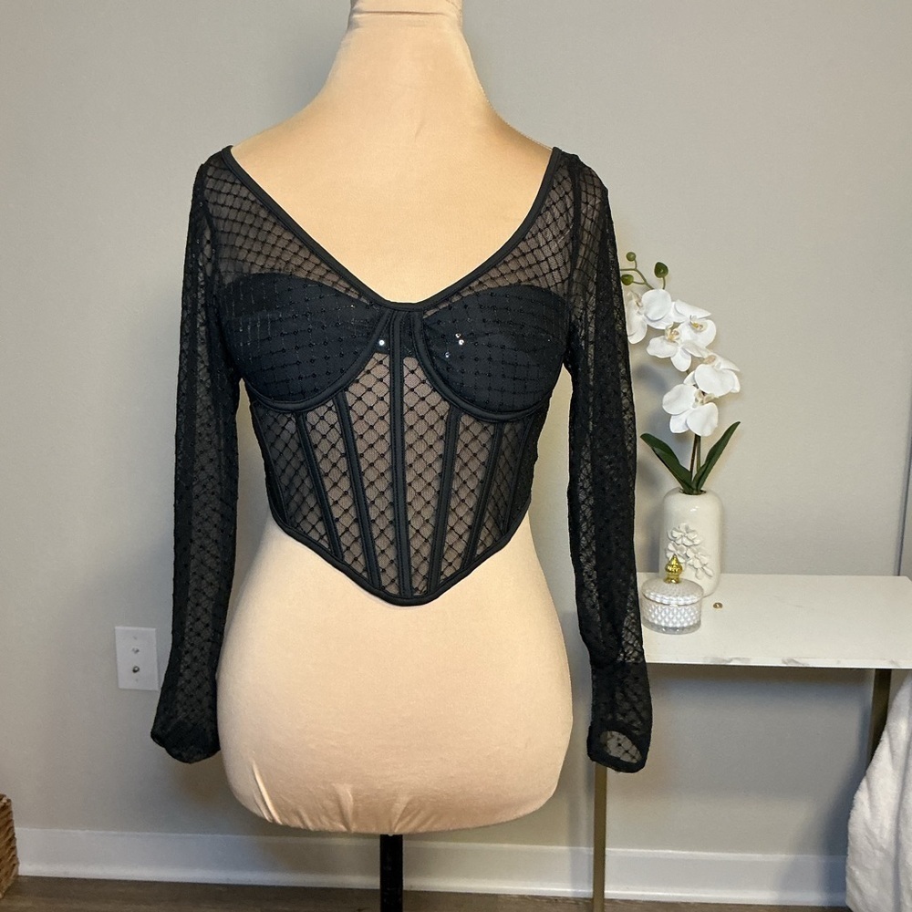 Black Sheer Long Sleeve Corset Top